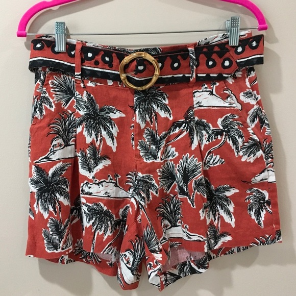 TAHARI Linen Shorts Orange Black Palm Tree Print Tropical Belted pocket - Picture 1 of 5